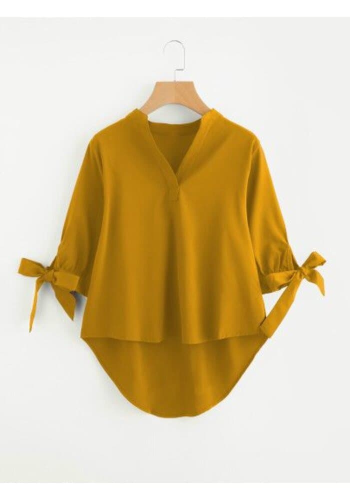 Women Solid Yellow High Low Hem Semi Formal Top