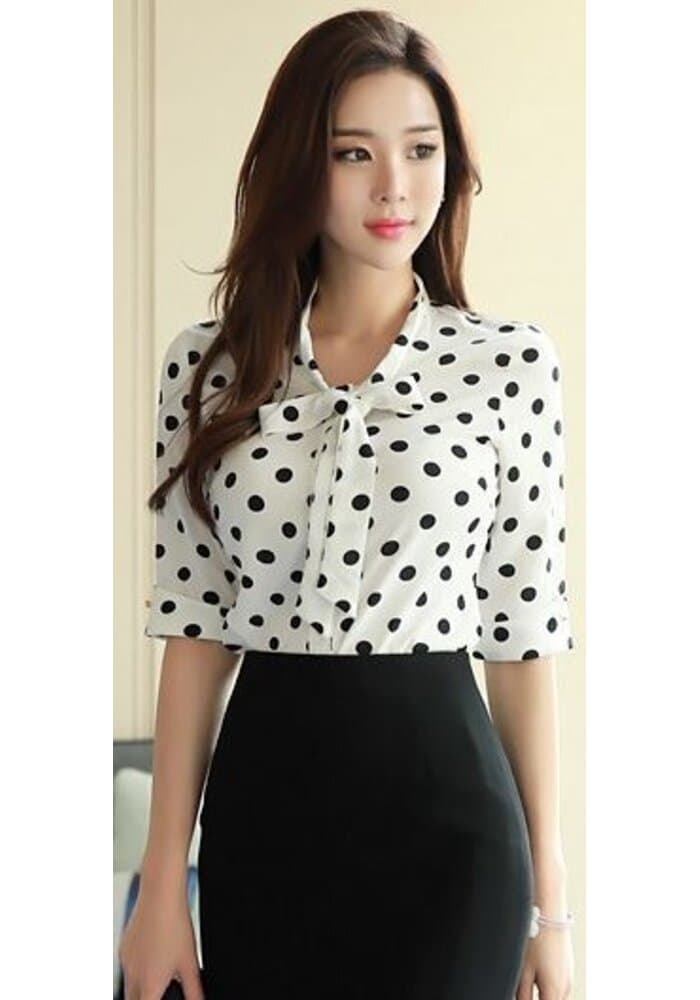 White Polka Dot Roll-up Sleeve Top
