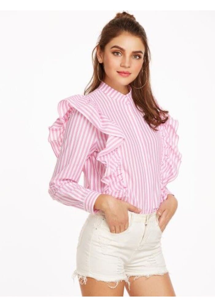 Pink Stripes Ruffle Women Shirt