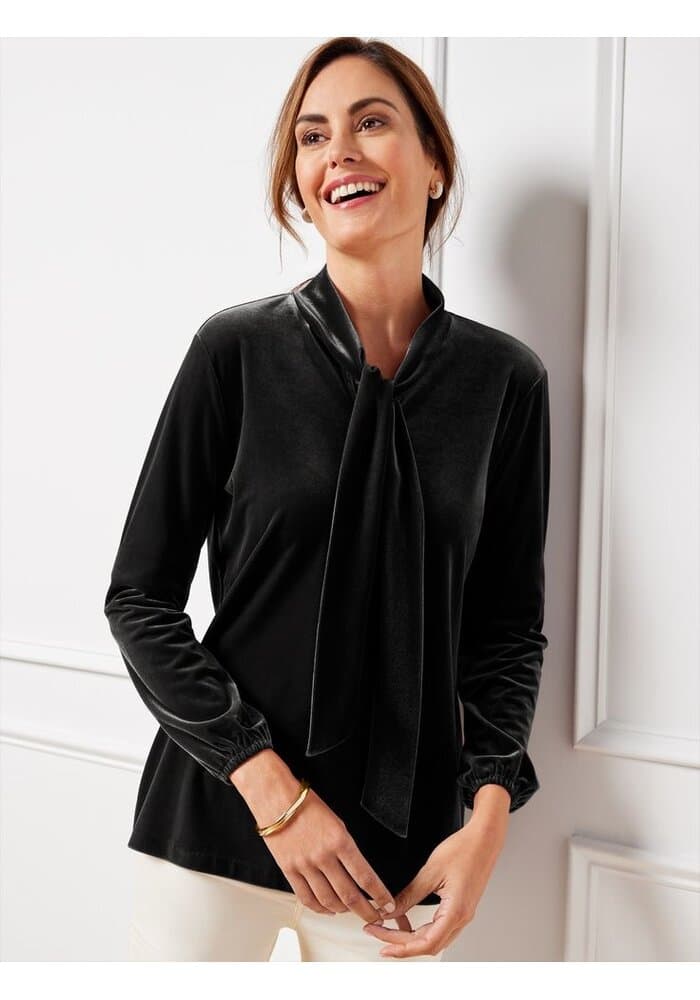 Solid Black Velvet Tie Up Neck Women Top