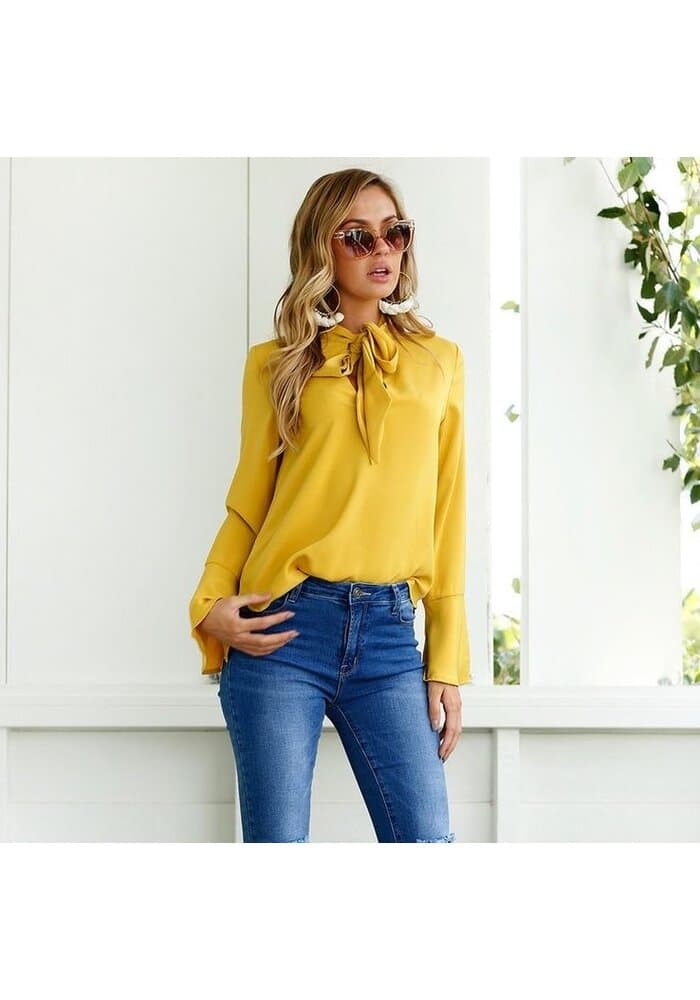Women Yellow Tie Up Neck Women Top
