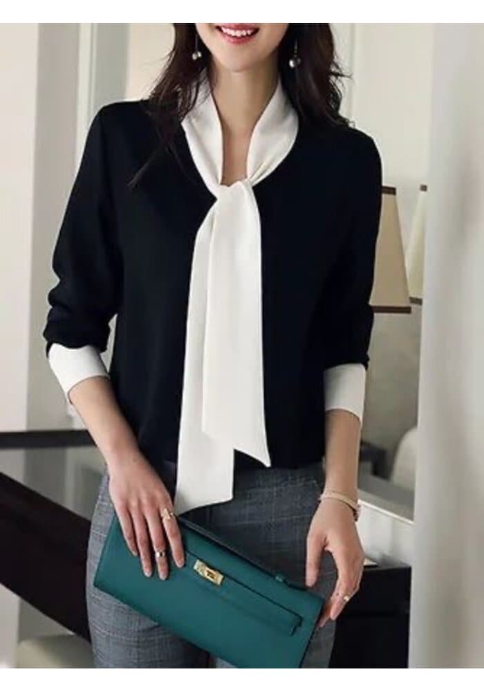 Women Solid Black Tie Up Neck Women Top
