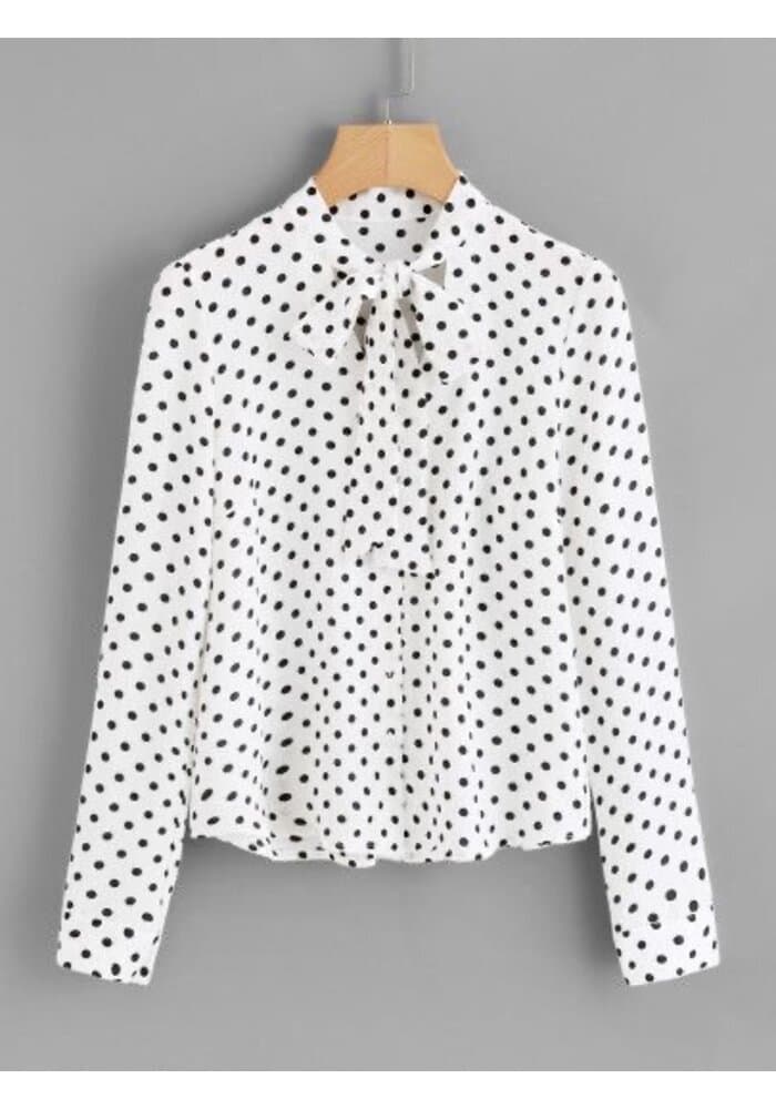 Women White Polka Print Tie Up Neck Shirt