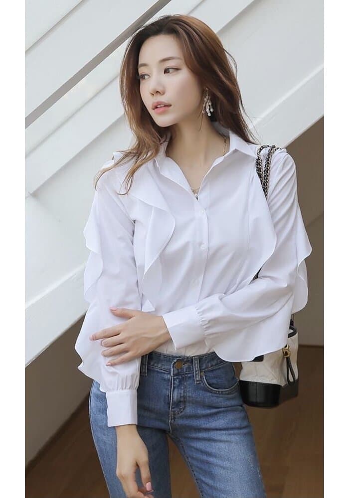White Ruffle Women Shirt