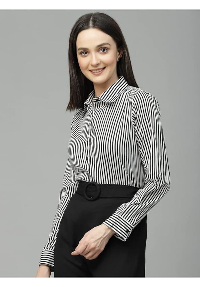 Striped Crepe Spread Collar Shirt