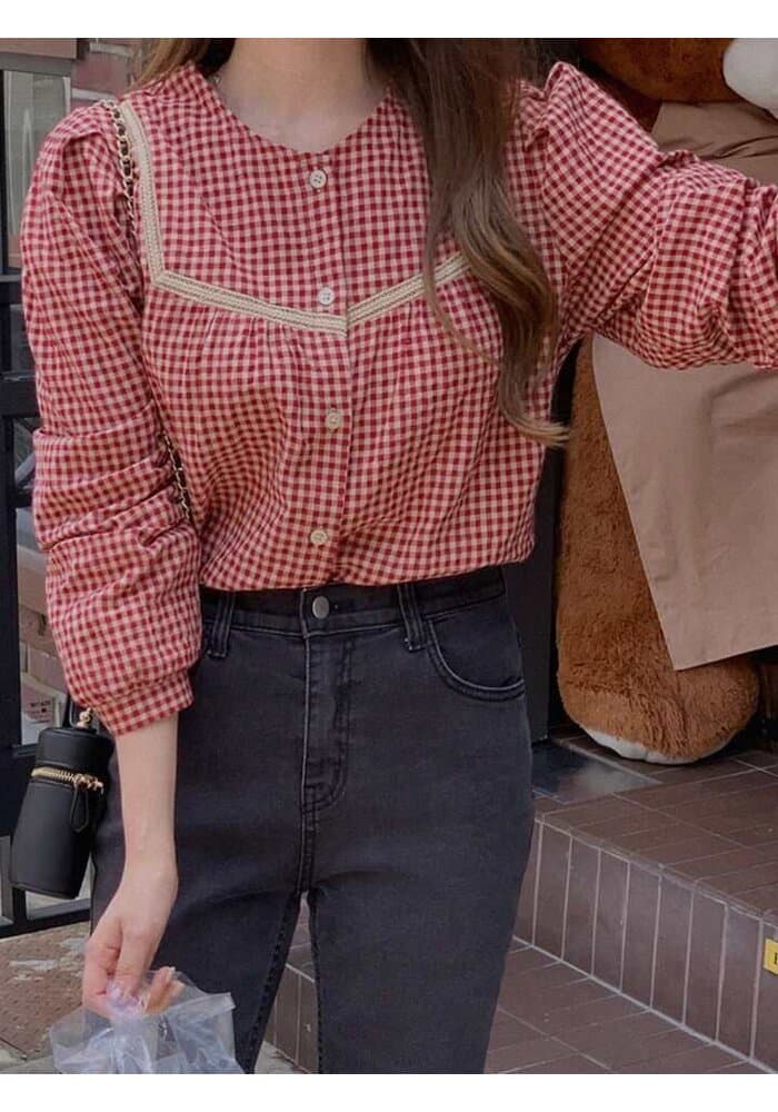 Checks Plaid Lace Trim Top