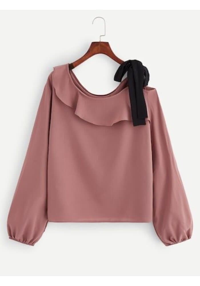 Dusty Pink One Shoulder Ruffle Bow Top