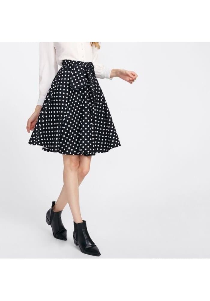 Black Polka Dot Tie Waist Flared Skirt