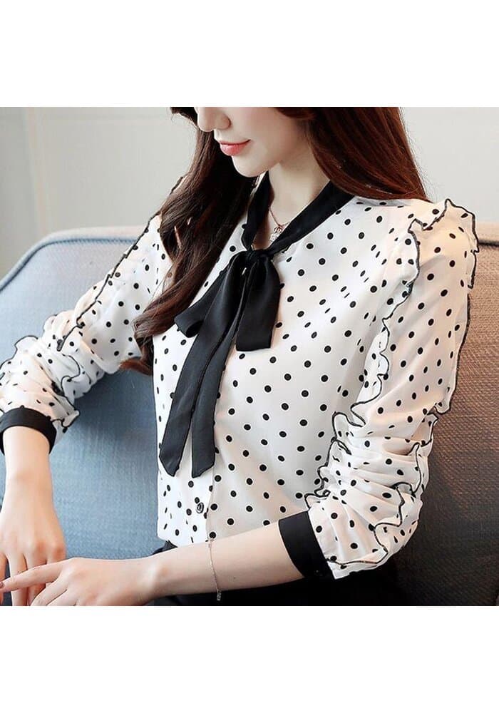White Polka Dot Contrast Cuff Ruffle Blouse