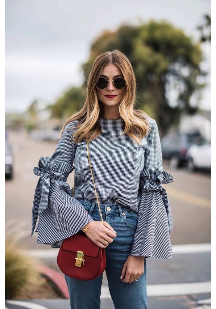 Comfy Fashionable Gingham Check Bell Sleeve Top
