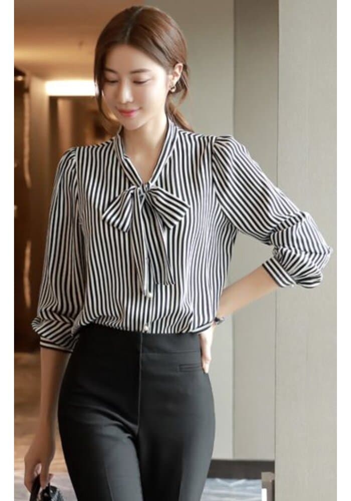 Black and White Striped Tie Neck Shirt