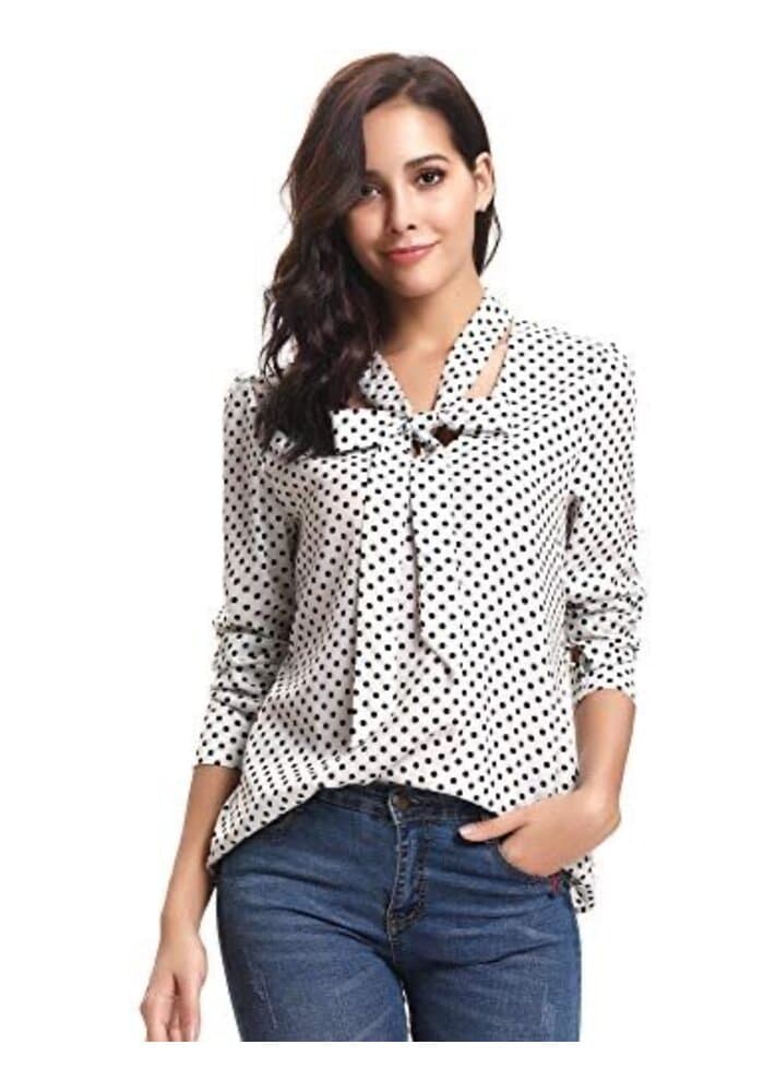 White Polka Dot Tie Neck Long Sleeve Top