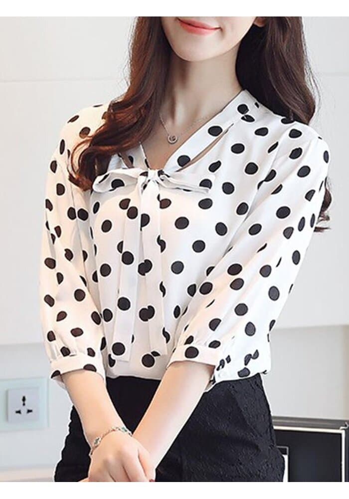 White Polka Dot Three Quarter Puff Sleeve Top