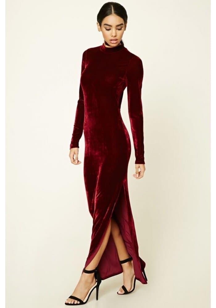 Solid Maroon Velvet Long Party Wear Long Sleeve Women Dress