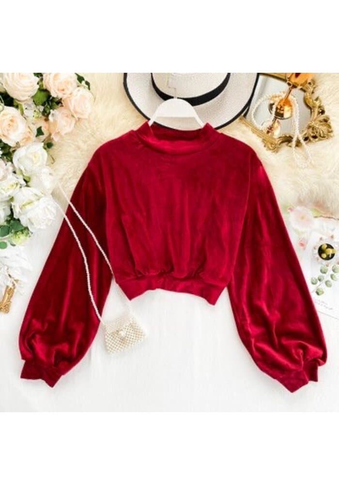 Red Velvet Balloon Sleeve Crop Sweatshirt