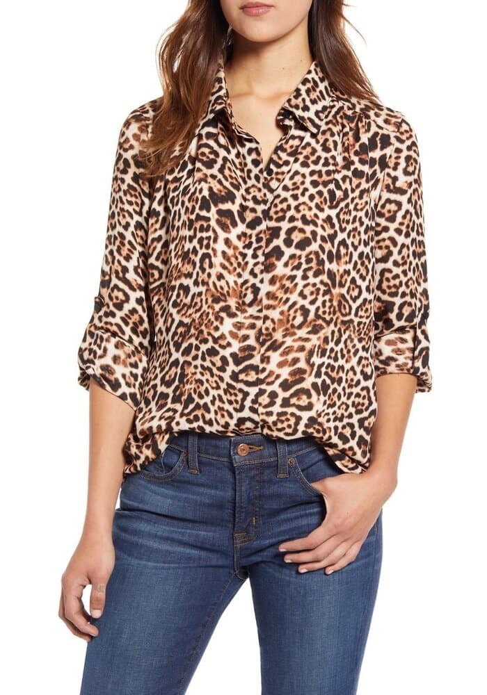Casual Leopard Print Shirt Collar Top