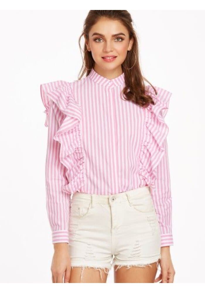 Pink Striped Ruffle Shirt